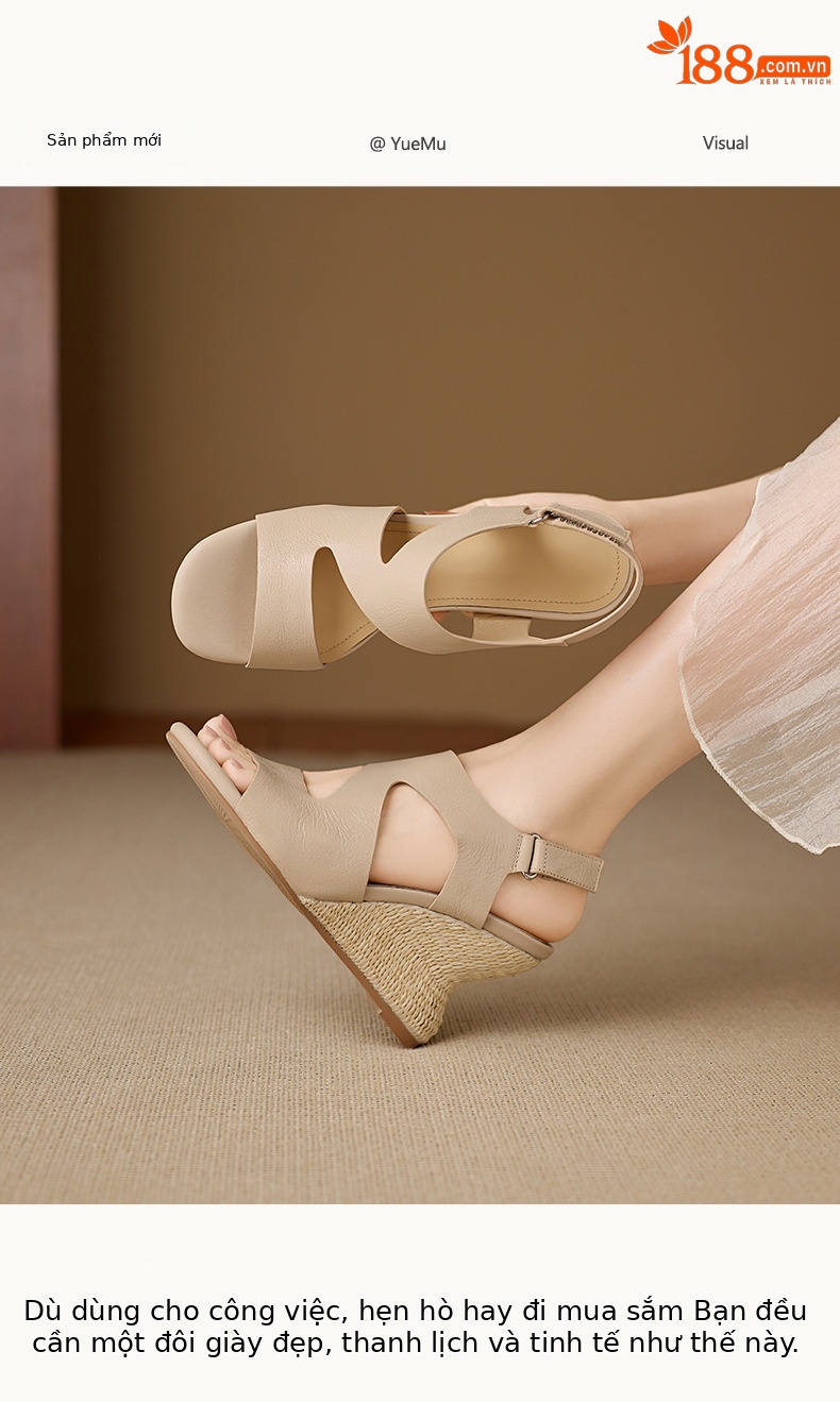 Sandal cao gót nữ quai ngang mũi hở chất liệu da cừu, đế cao gót bọc cói, khóa dán tiện lợi — màu trắng ngà, màu mơ chi tiết 1