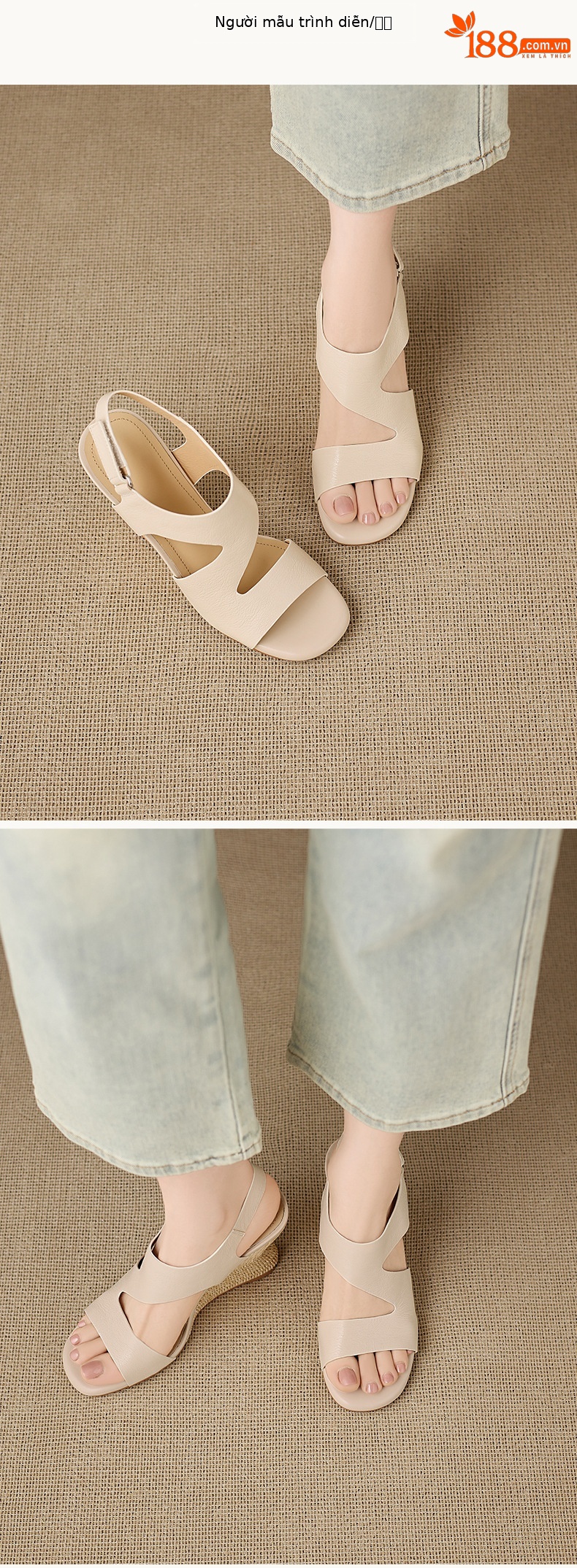 Sandal cao gót nữ quai ngang mũi hở chất liệu da cừu, đế cao gót bọc cói, khóa dán tiện lợi — màu trắng ngà, màu mơ chi tiết 4