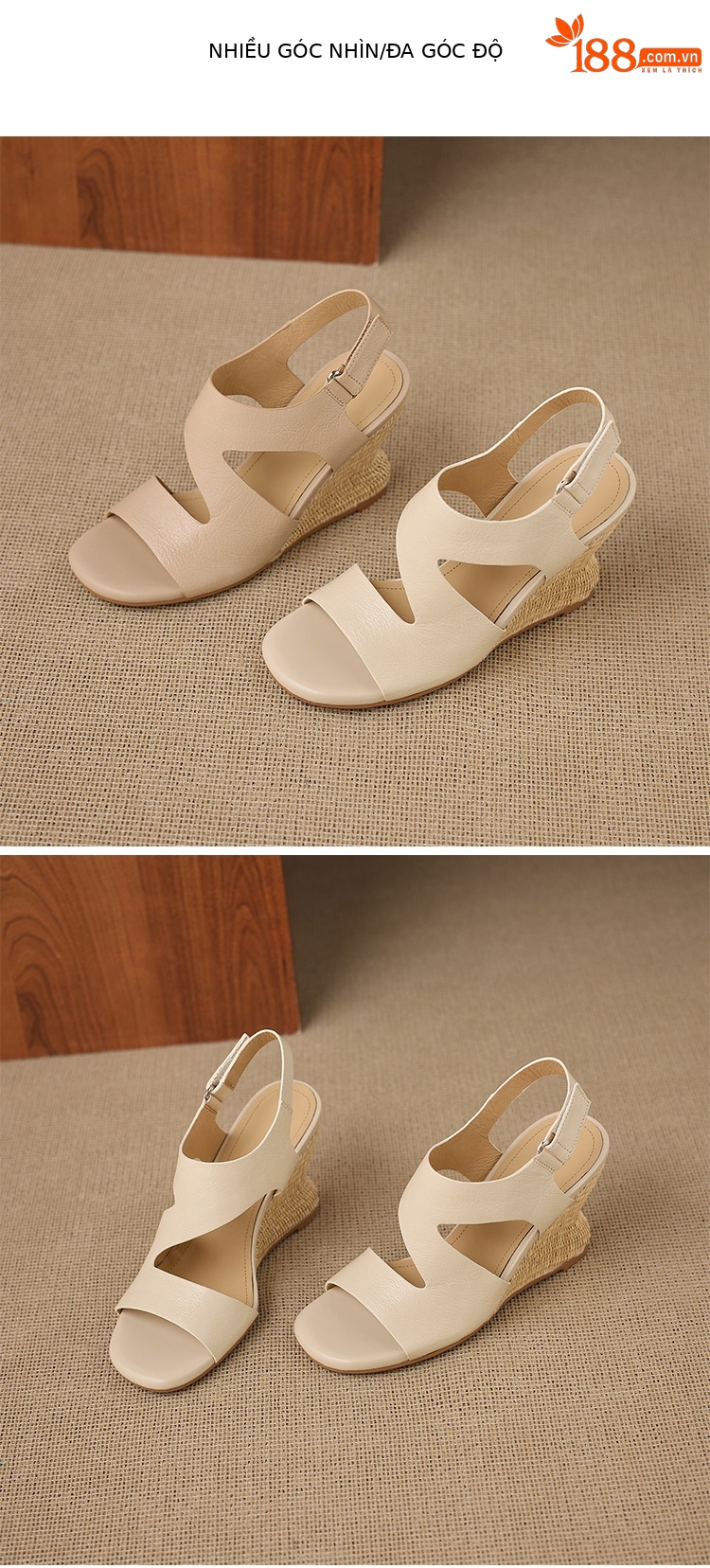 Sandal cao gót nữ quai ngang mũi hở chất liệu da cừu, đế cao gót bọc cói, khóa dán tiện lợi — màu trắng ngà, màu mơ chi tiết 12