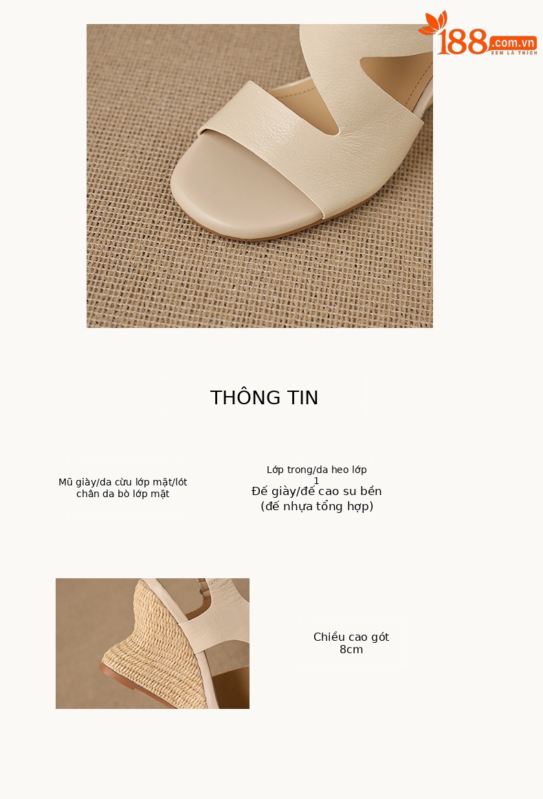Sandal cao gót nữ quai ngang mũi hở chất liệu da cừu, đế cao gót bọc cói, khóa dán tiện lợi — màu trắng ngà, màu mơ chi tiết 2