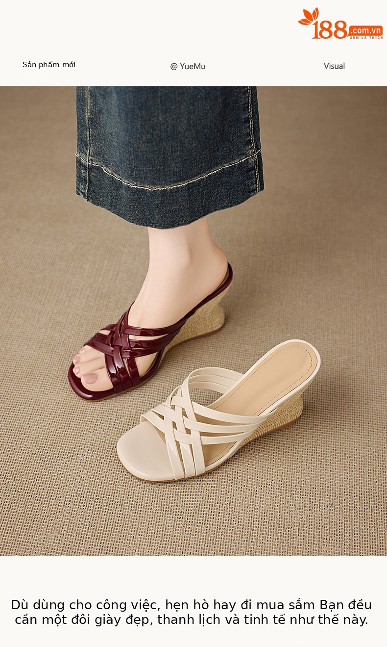 Dép sandal nữ quai chữ V mũi vuông hở ngón đế xuồng cao gót 5 cm — Rượu vang đỏ, màu trắng ngà chi tiết 1