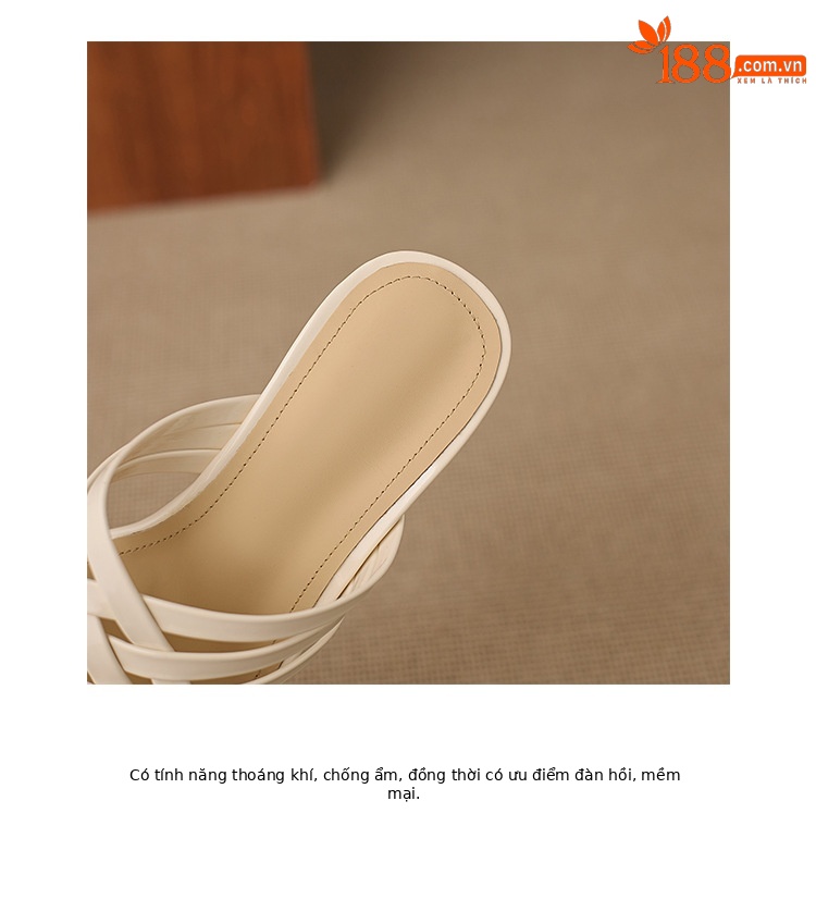 Dép sandal nữ quai chữ V mũi vuông hở ngón đế xuồng cao gót 5 cm — Rượu vang đỏ, màu trắng ngà chi tiết 16