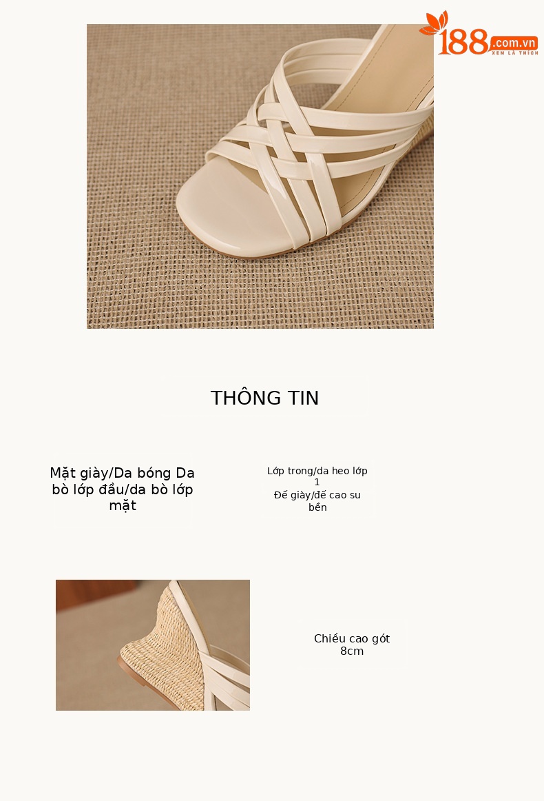 Dép sandal nữ quai chữ V mũi vuông hở ngón đế xuồng cao gót 5 cm — Rượu vang đỏ, màu trắng ngà chi tiết 2