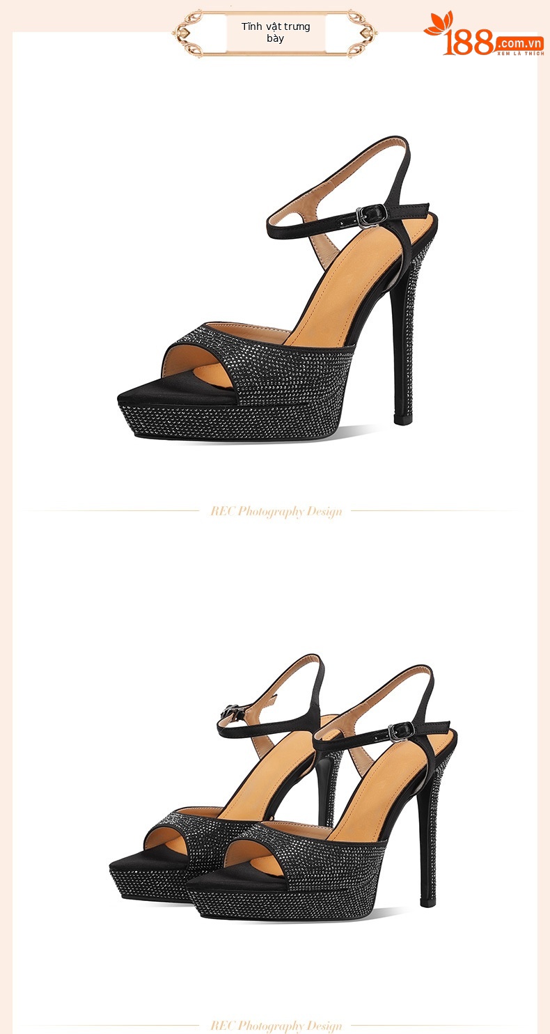 Sandal cao gót nữ mũi nhọn hở ngón, quai một chữ khóa, gót siêu cao 12 cm, đính đá lấp lánh — Màu đen (12 cm) chi tiết 2