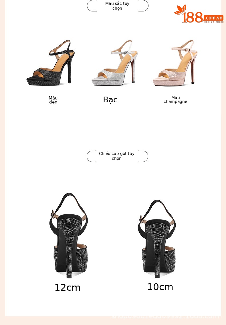 Sandal cao gót nữ mũi nhọn hở ngón, quai một chữ khóa, gót siêu cao 12 cm, đính đá lấp lánh — Màu đen (12 cm) chi tiết 1