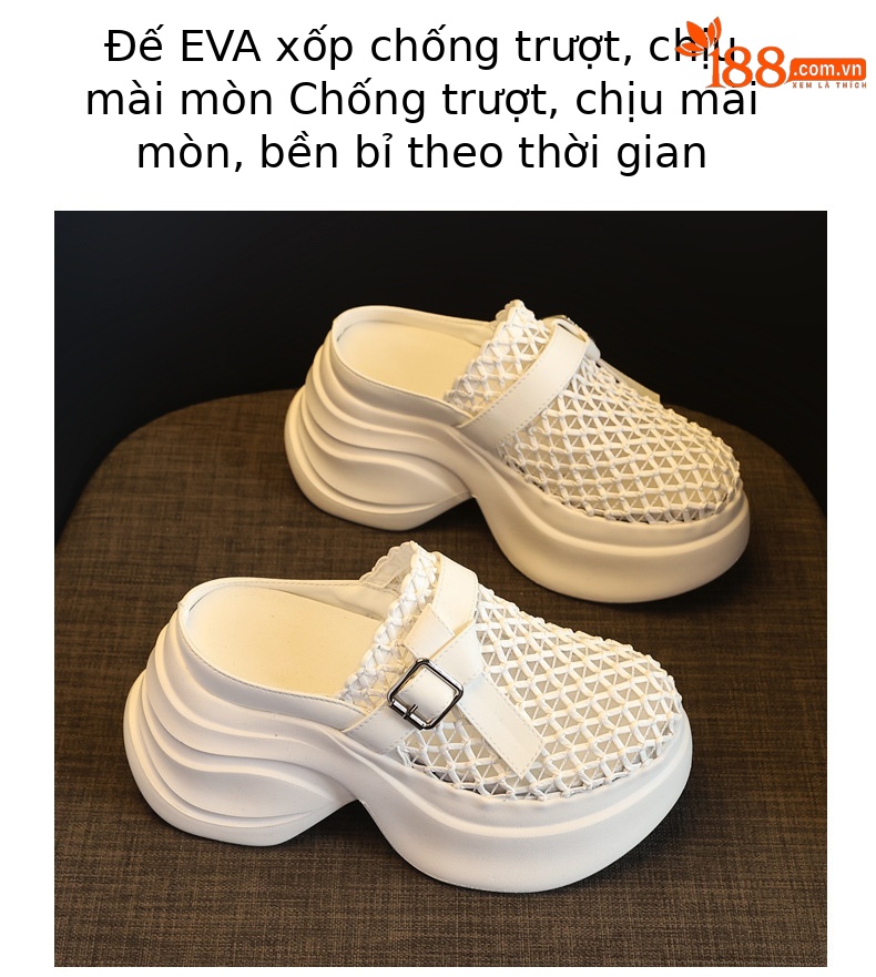 Dép mule nữ đế dày khóa thắt lưng, hở gót, phong cách loafer không gót — màu đen, màu trắng chi tiết 10