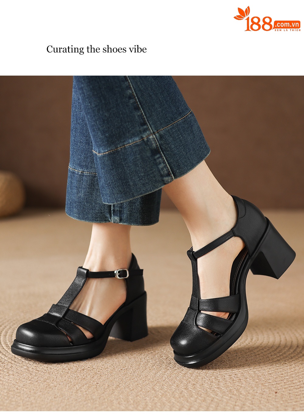 Sandal nữ cao gót phong cách La Mã, mũi kín gót kín, đế dày da bò, gót 7 cm — đen chi tiết 9