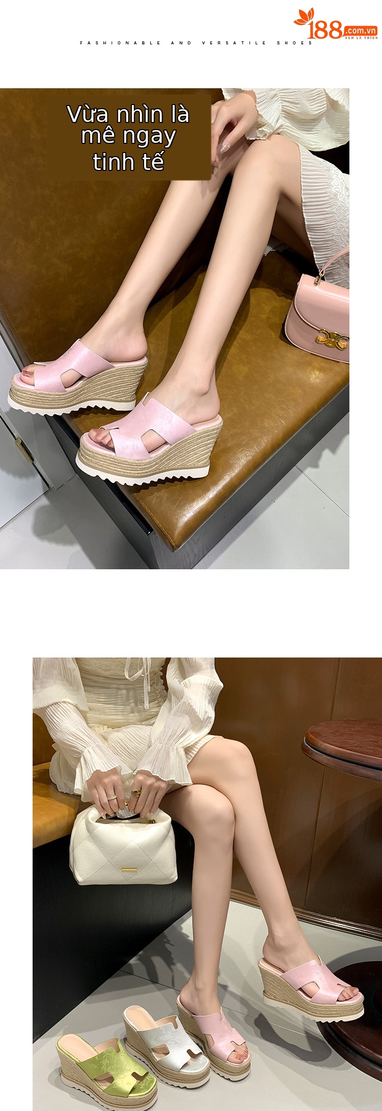 Sandal cao gót nữ hở mũi đế xuồng bện cói da bò thật — màu be, màu hồng, màu xanh huỳnh quang chi tiết 6
