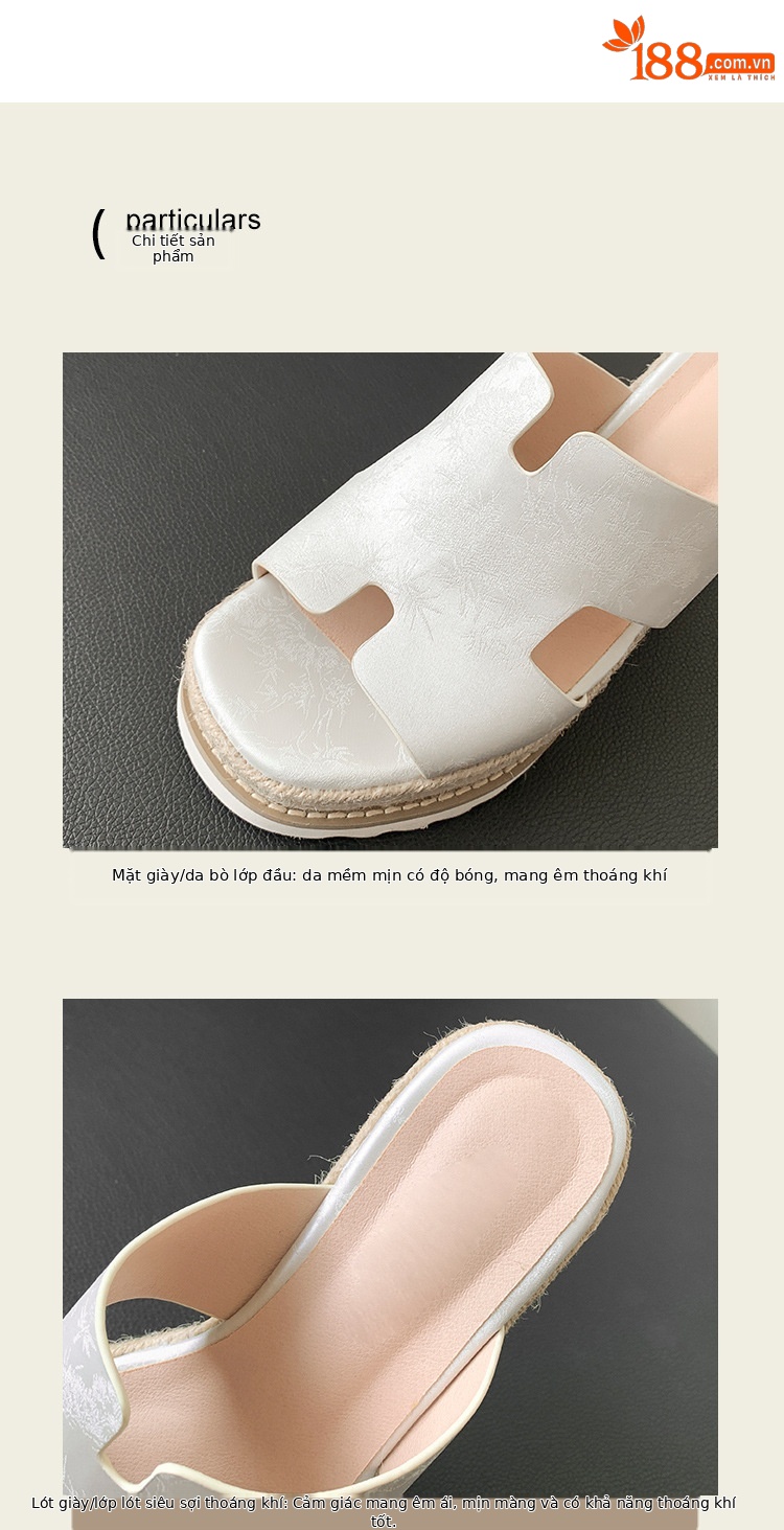 Sandal cao gót nữ hở mũi đế xuồng bện cói da bò thật — màu be, màu hồng, màu xanh huỳnh quang chi tiết 9