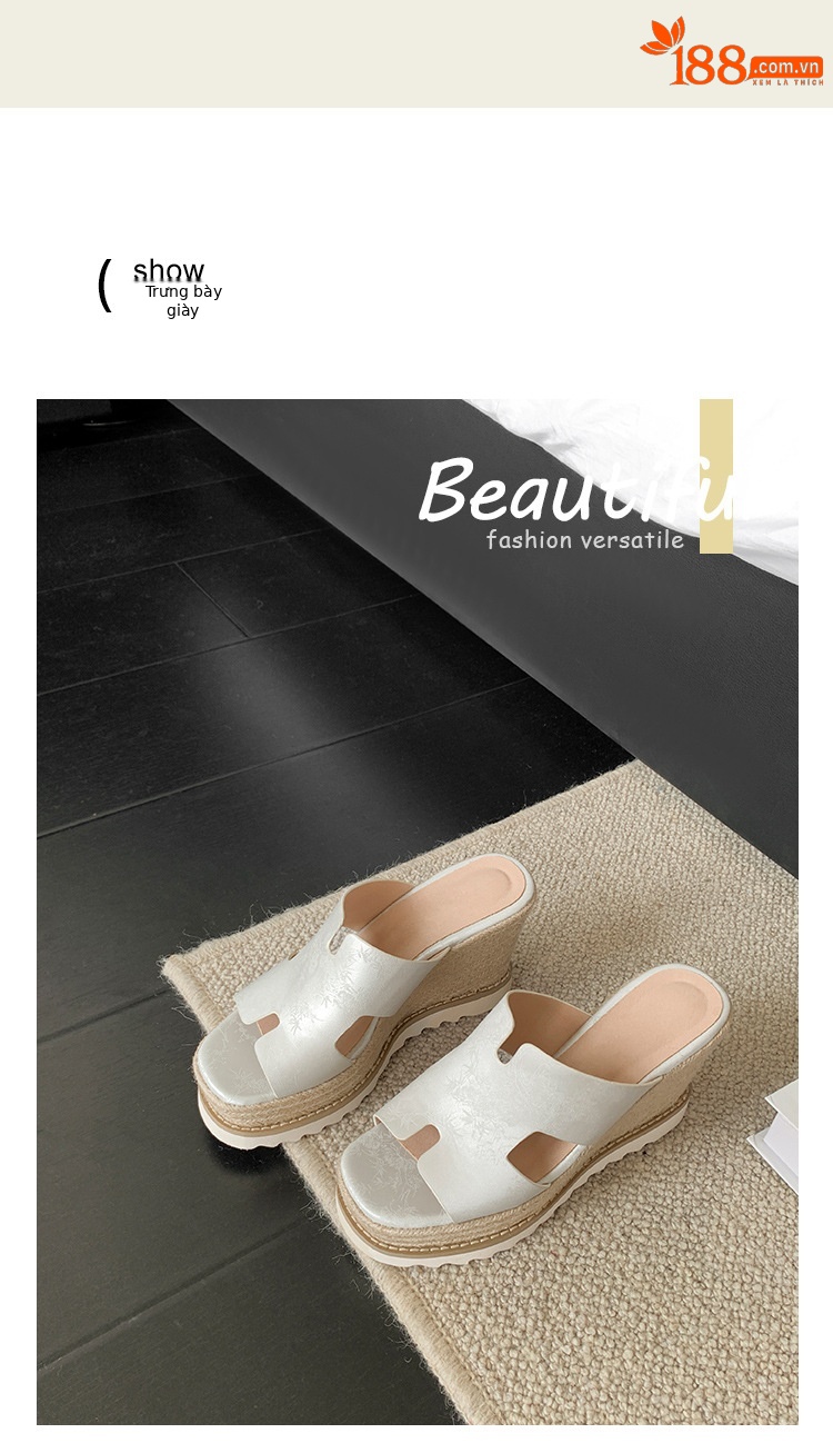 Sandal cao gót nữ hở mũi đế xuồng bện cói da bò thật — màu be, màu hồng, màu xanh huỳnh quang chi tiết 12