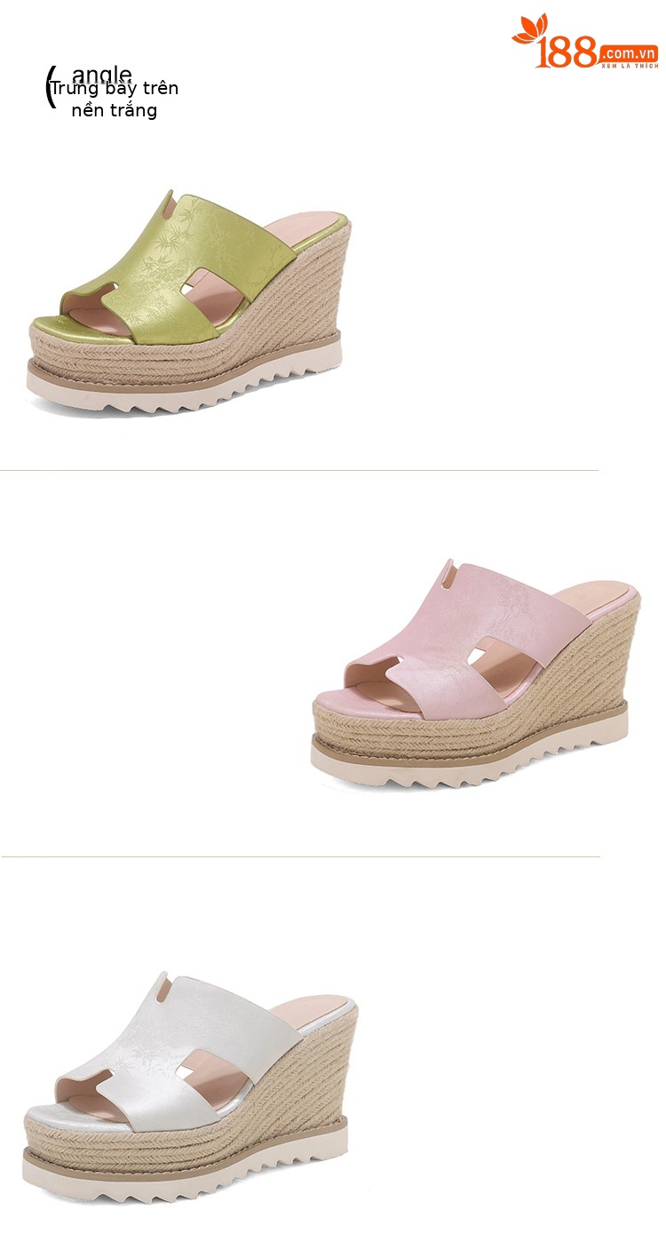 Sandal cao gót nữ hở mũi đế xuồng bện cói da bò thật — màu be, màu hồng, màu xanh huỳnh quang chi tiết 17