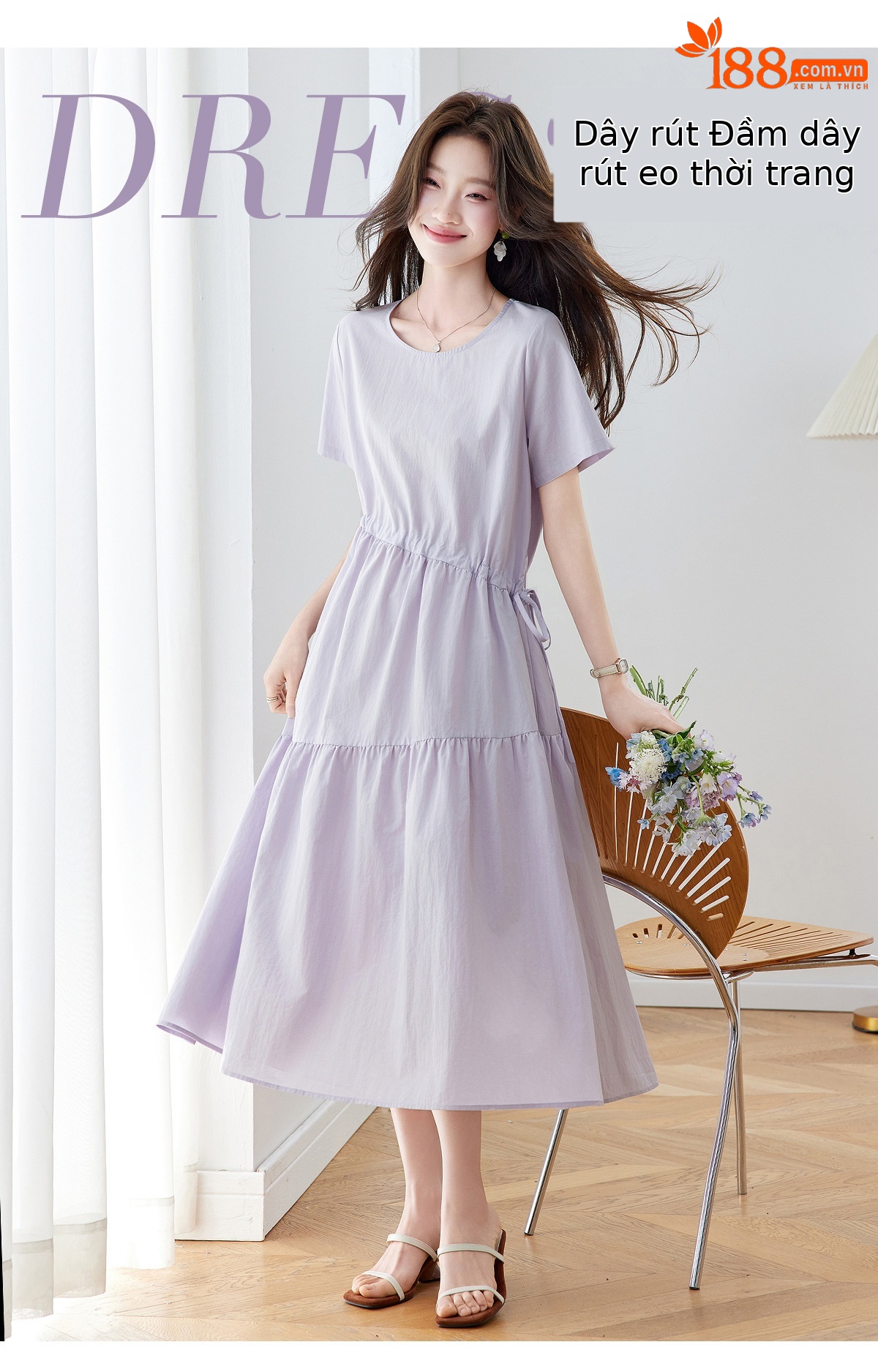 Đầm maxi nữ thắt eo dáng suông rút dây A-line tay ngắn JY2619 — màu tím nhạt, Vàng nhạt chi tiết 1