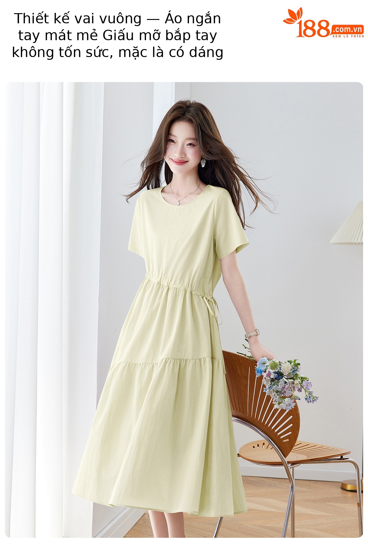 Đầm maxi nữ thắt eo dáng suông rút dây A-line tay ngắn JY2619 — màu tím nhạt, Vàng nhạt chi tiết 6