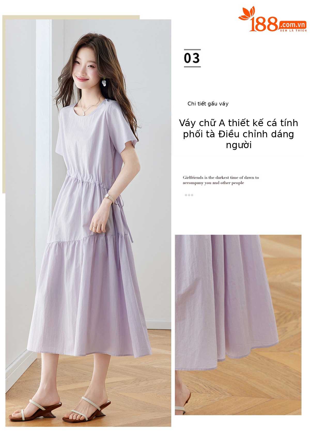 Đầm maxi nữ thắt eo dáng suông rút dây A-line tay ngắn JY2619 — màu tím nhạt, Vàng nhạt chi tiết 9
