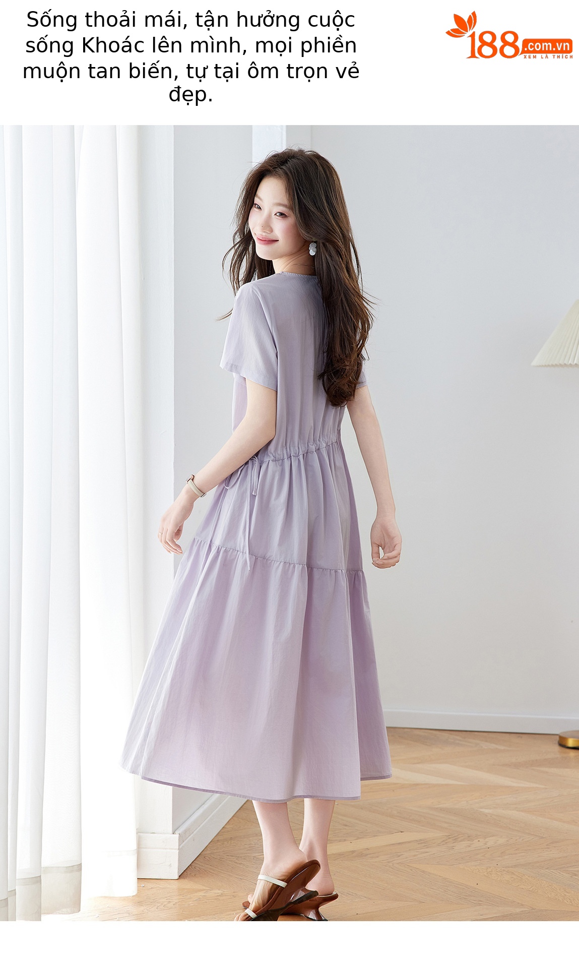 Đầm maxi nữ thắt eo dáng suông rút dây A-line tay ngắn JY2619 — màu tím nhạt, Vàng nhạt chi tiết 10