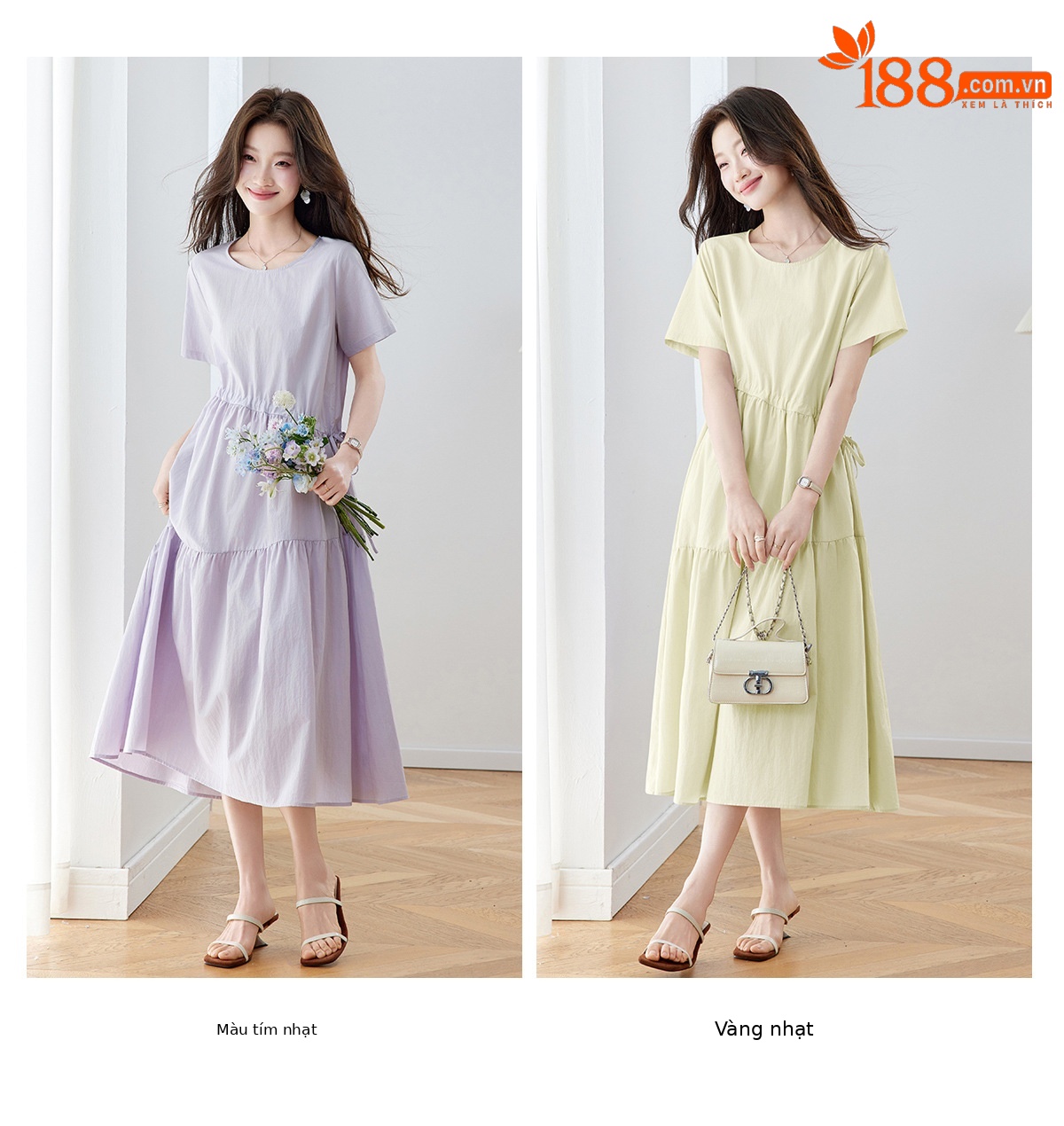 Đầm maxi nữ thắt eo dáng suông rút dây A-line tay ngắn JY2619 — màu tím nhạt, Vàng nhạt chi tiết 13