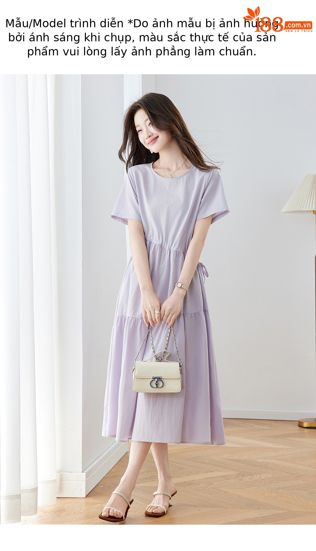 Đầm maxi nữ thắt eo dáng suông rút dây A-line tay ngắn JY2619 — màu tím nhạt, Vàng nhạt chi tiết 14