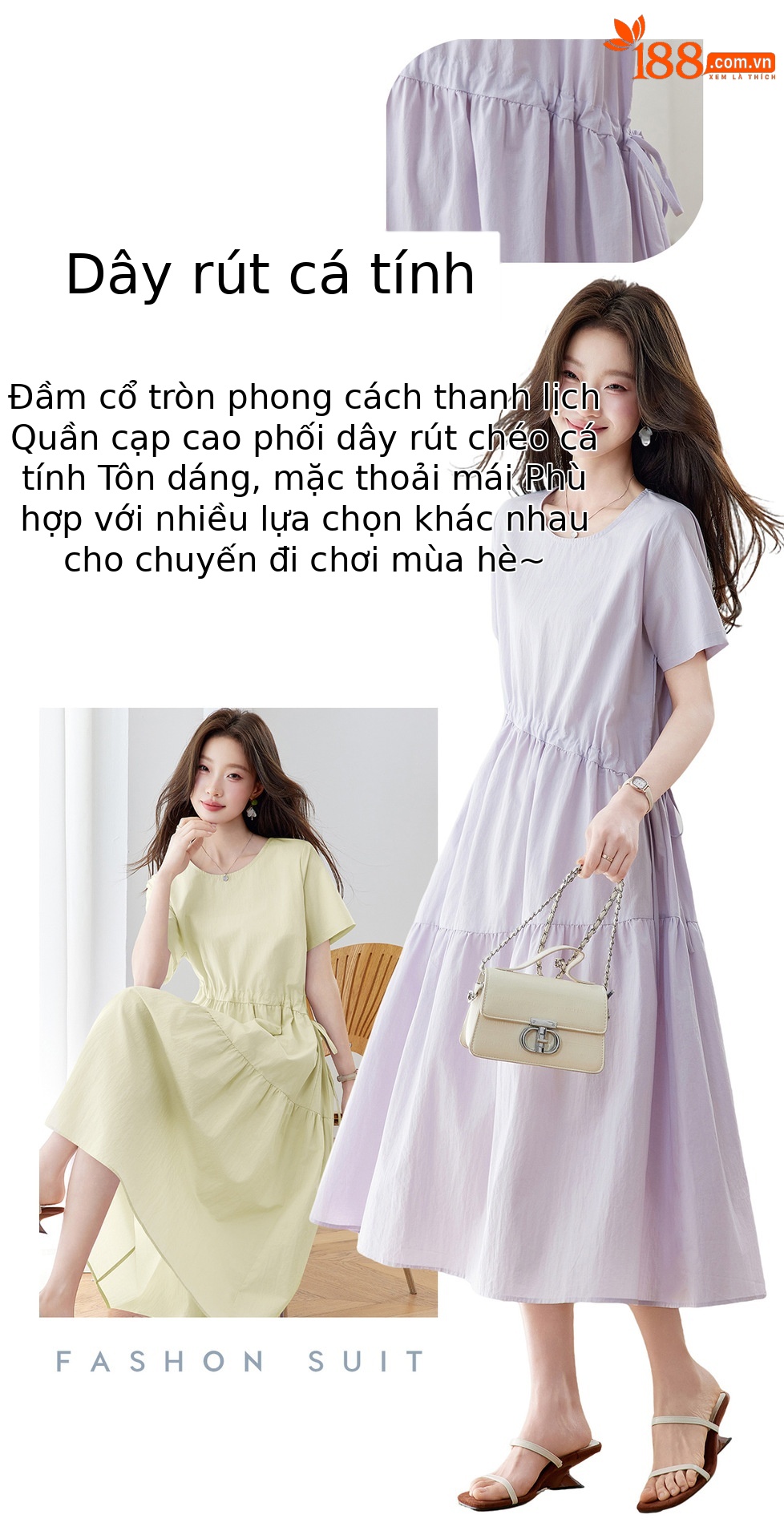 Đầm maxi nữ thắt eo dáng suông rút dây A-line tay ngắn JY2619 — màu tím nhạt, Vàng nhạt chi tiết 2