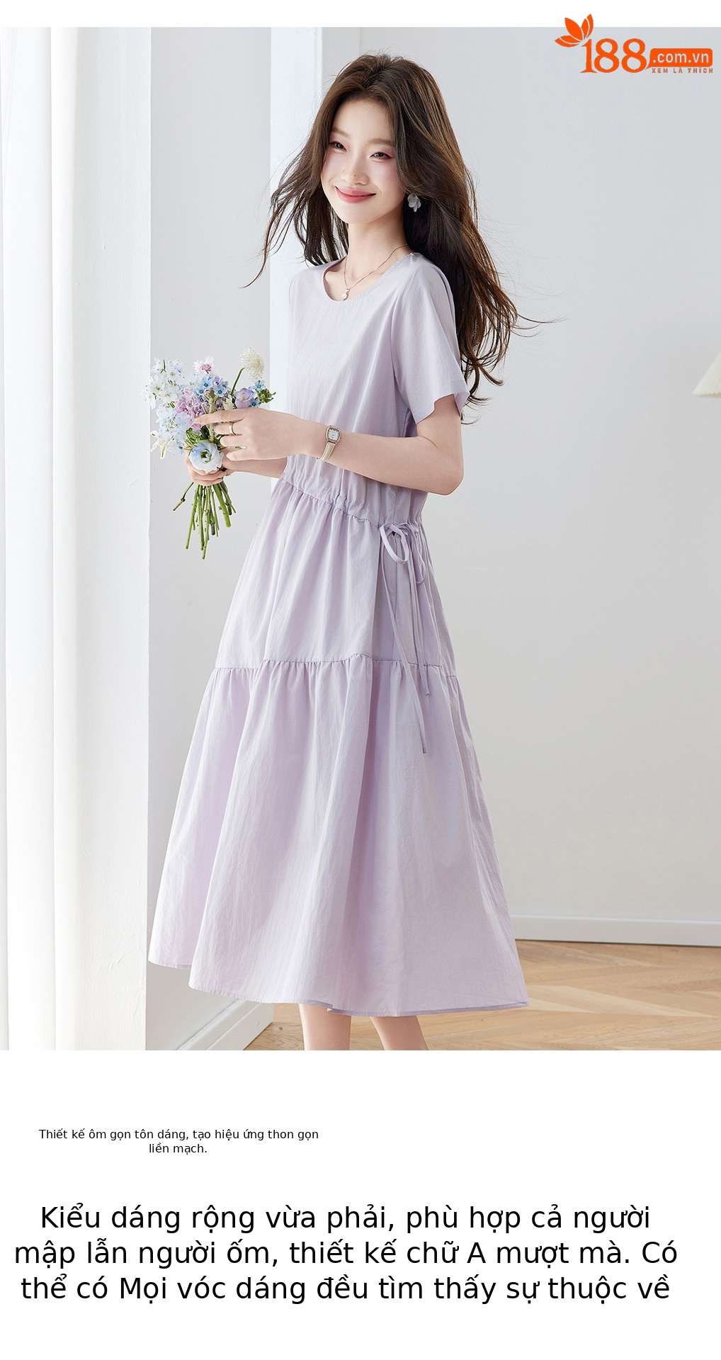 Đầm maxi nữ thắt eo dáng suông rút dây A-line tay ngắn JY2619 — màu tím nhạt, Vàng nhạt chi tiết 3