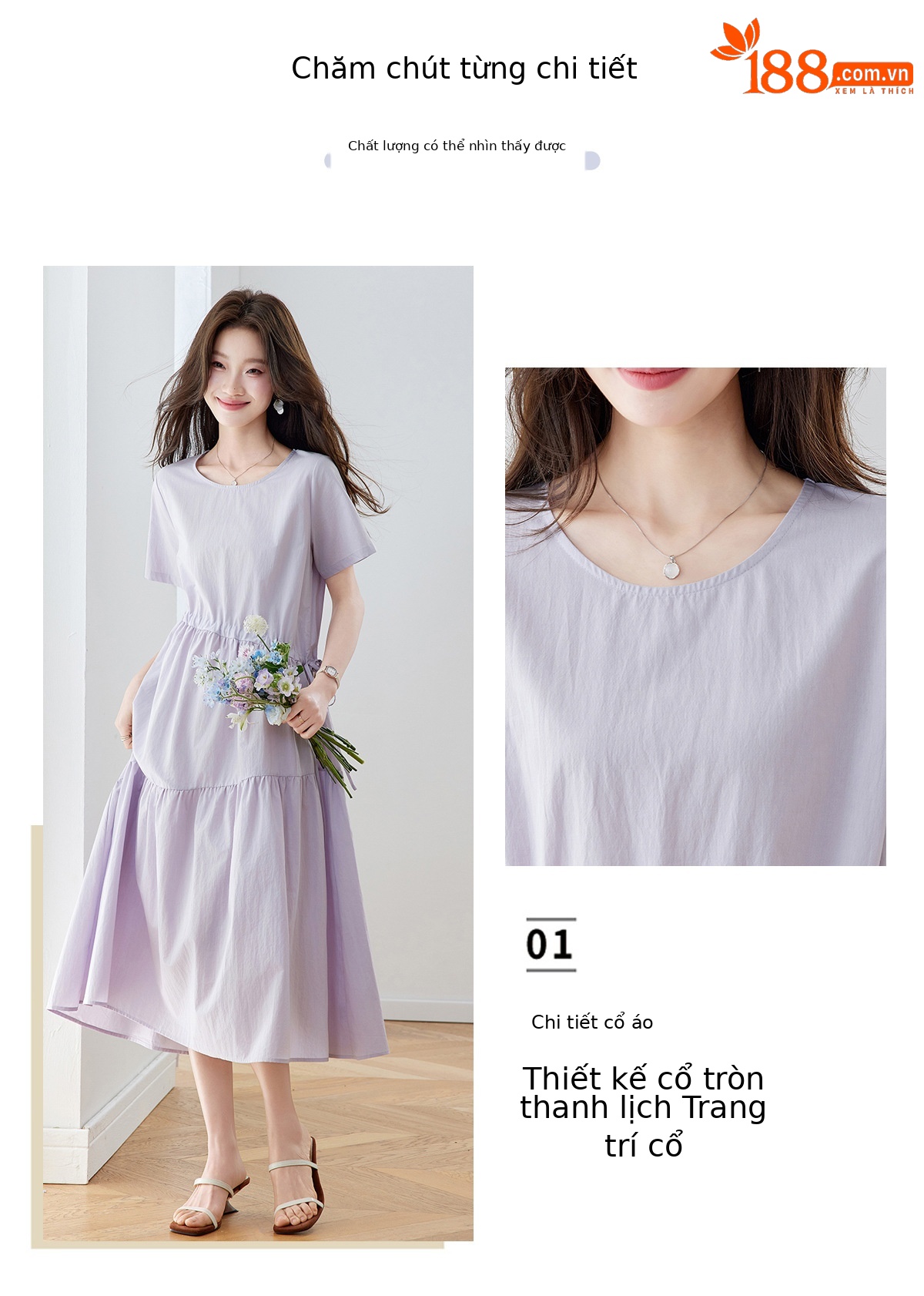 Đầm maxi nữ thắt eo dáng suông rút dây A-line tay ngắn JY2619 — màu tím nhạt, Vàng nhạt chi tiết 7