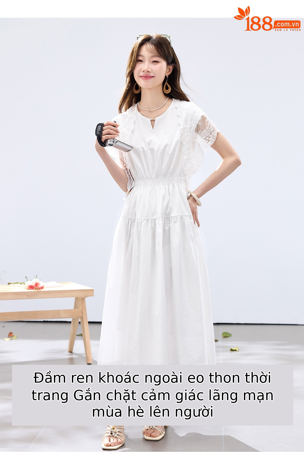Đầm suông midi tay ngắn A chữ, kèm khăn choàng ren, dáng suông che khuyết điểm — màu trắng, màu vàng chi tiết 1