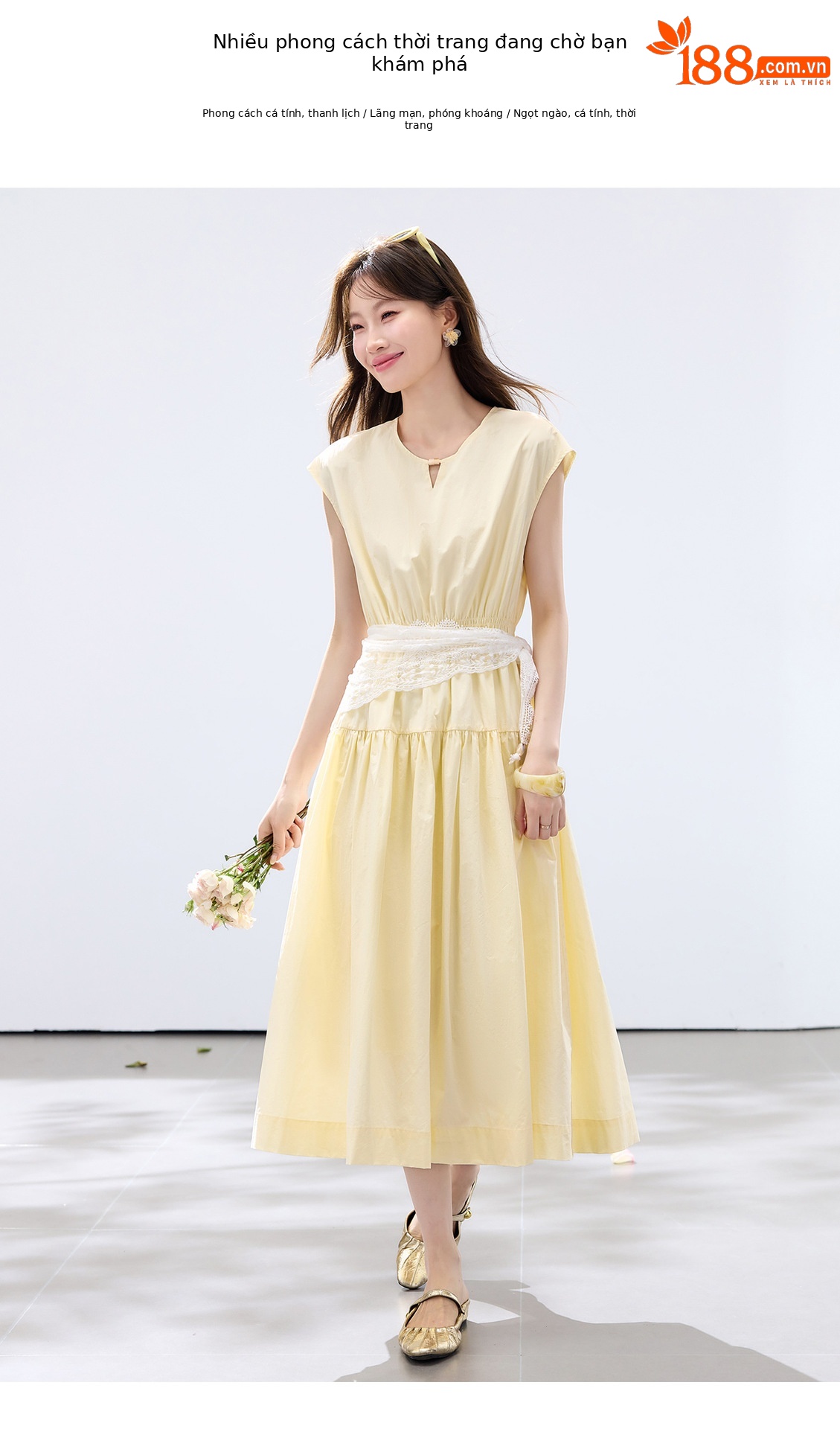 Đầm suông midi tay ngắn A chữ, kèm khăn choàng ren, dáng suông che khuyết điểm — màu trắng, màu vàng chi tiết 3