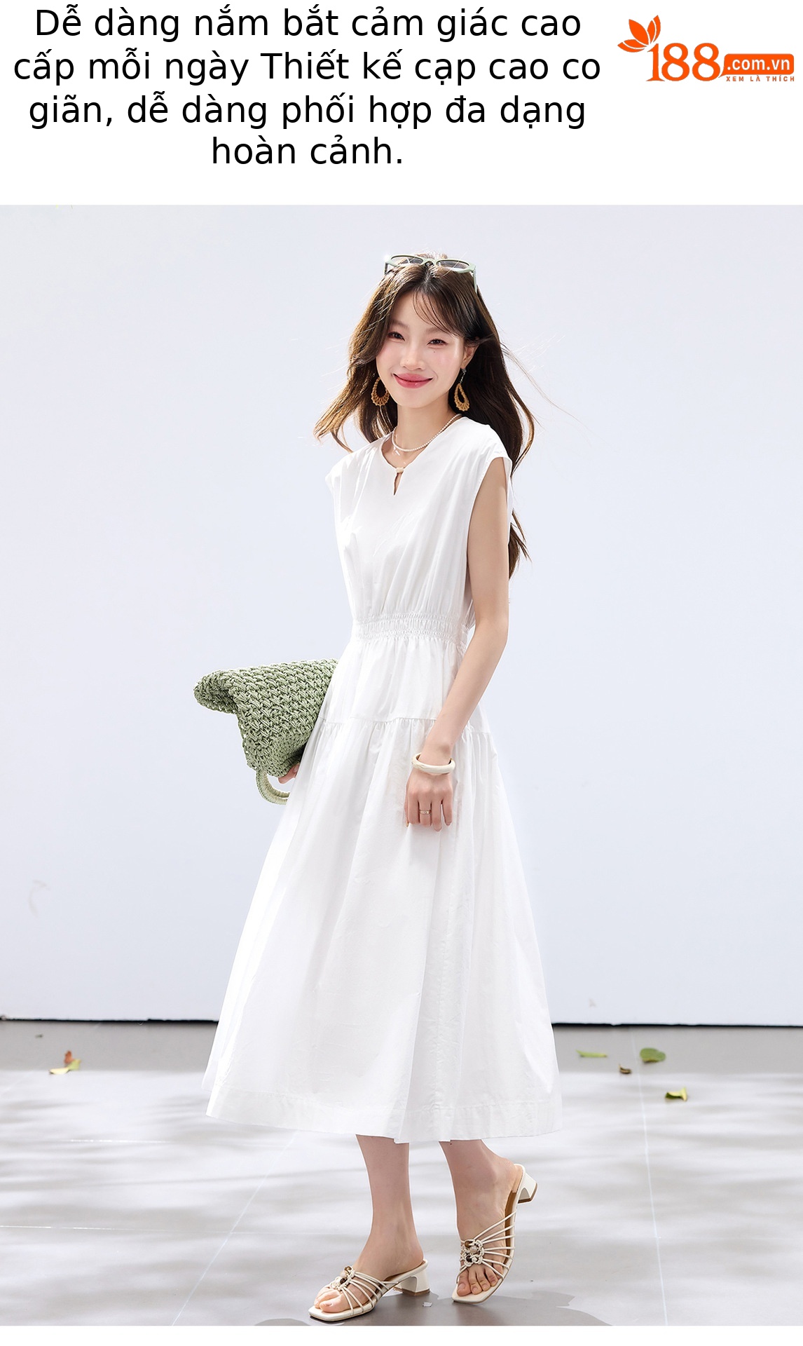 Đầm suông midi tay ngắn A chữ, kèm khăn choàng ren, dáng suông che khuyết điểm — màu trắng, màu vàng chi tiết 4