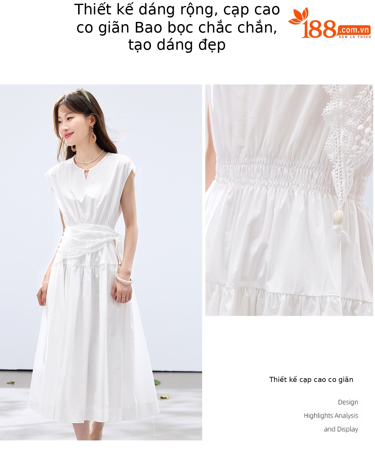 Đầm suông midi tay ngắn A chữ, kèm khăn choàng ren, dáng suông che khuyết điểm — màu trắng, màu vàng chi tiết 8