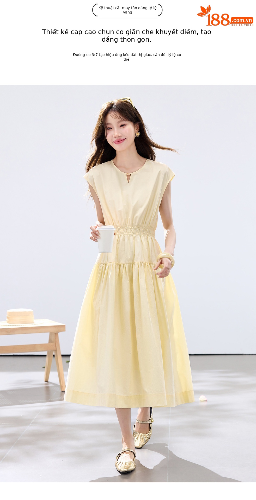 Đầm suông midi tay ngắn A chữ, kèm khăn choàng ren, dáng suông che khuyết điểm — màu trắng, màu vàng chi tiết 9