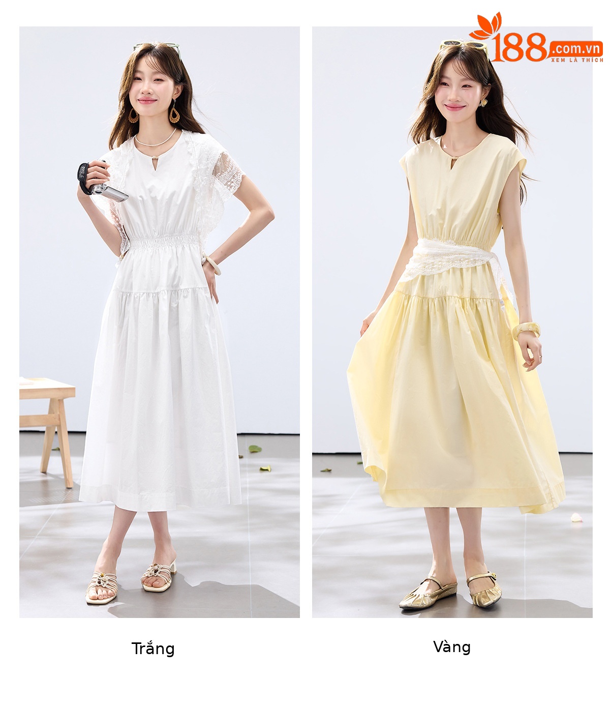 Đầm suông midi tay ngắn A chữ, kèm khăn choàng ren, dáng suông che khuyết điểm — màu trắng, màu vàng chi tiết 12