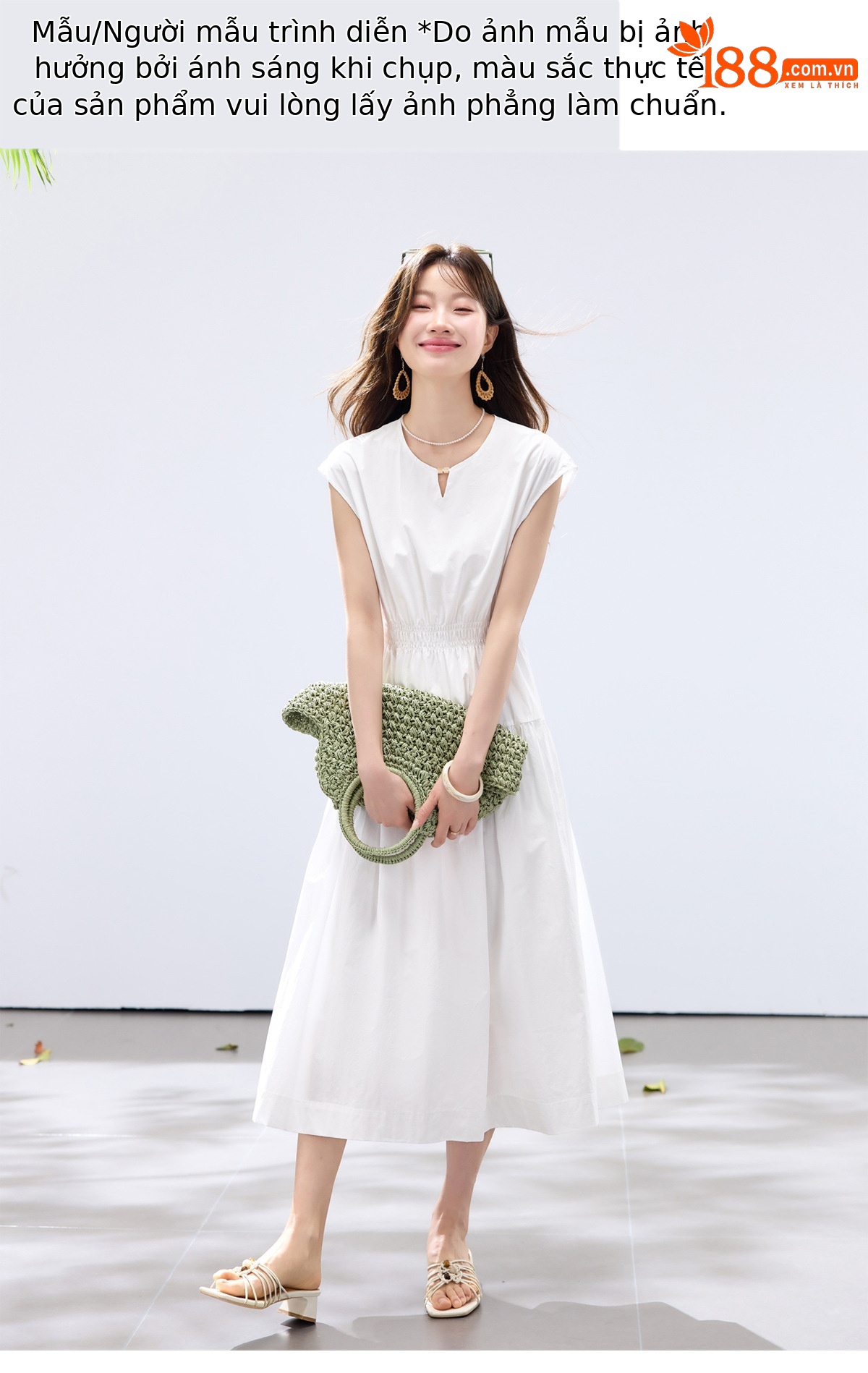 Đầm suông midi tay ngắn A chữ, kèm khăn choàng ren, dáng suông che khuyết điểm — màu trắng, màu vàng chi tiết 13