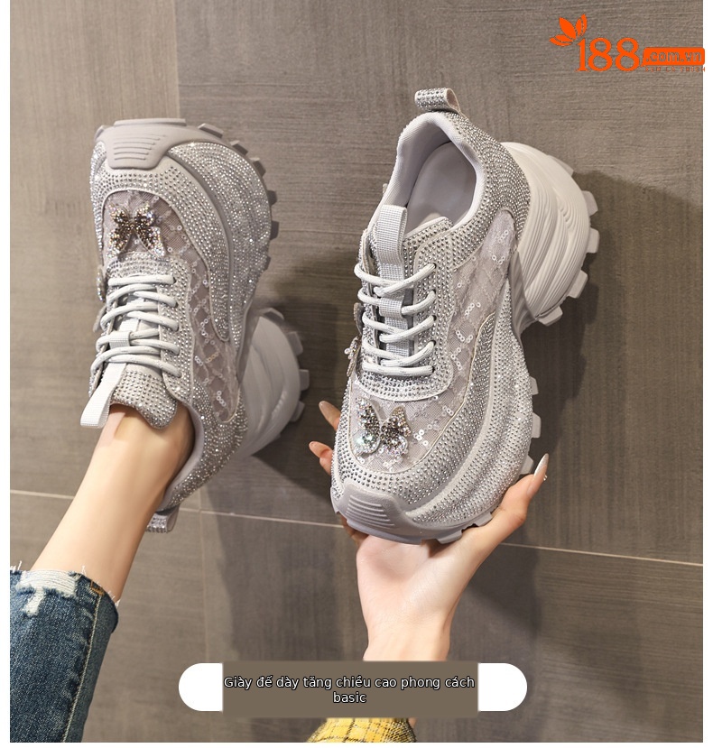 Giày sneaker nữ chunky đế dày đính đá pha lê thời trang — màu be chi tiết 1