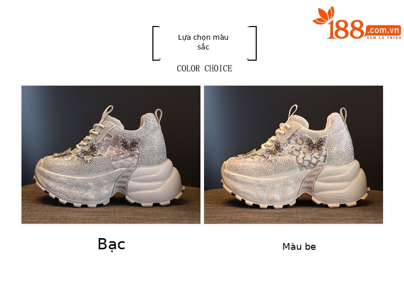 Giày sneaker nữ chunky đế dày đính đá pha lê thời trang — màu be chi tiết 2