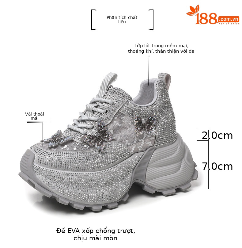 Giày sneaker nữ chunky đế dày đính đá pha lê thời trang — màu be chi tiết 3