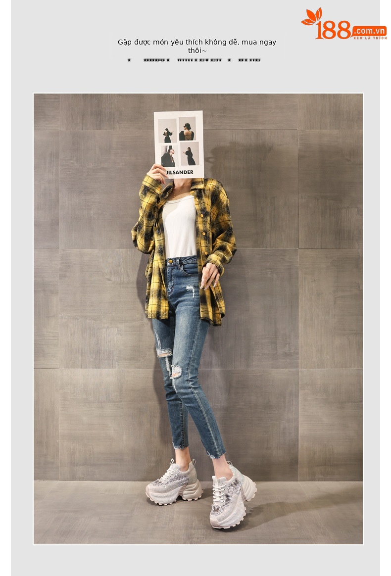 Giày sneaker nữ chunky đế dày đính đá pha lê thời trang — màu be chi tiết 6