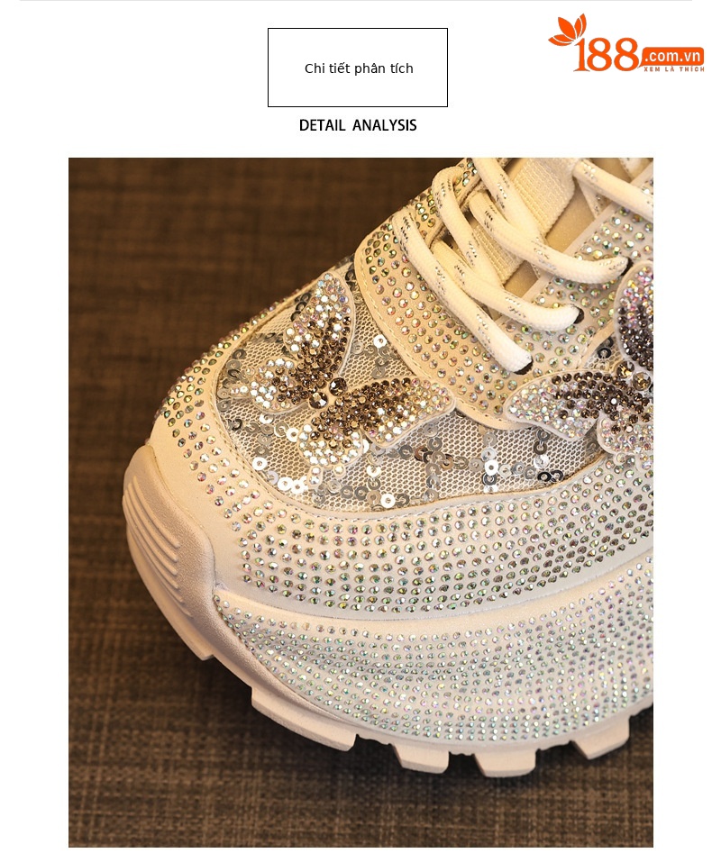 Giày sneaker nữ chunky đế dày đính đá pha lê thời trang — màu be chi tiết 7