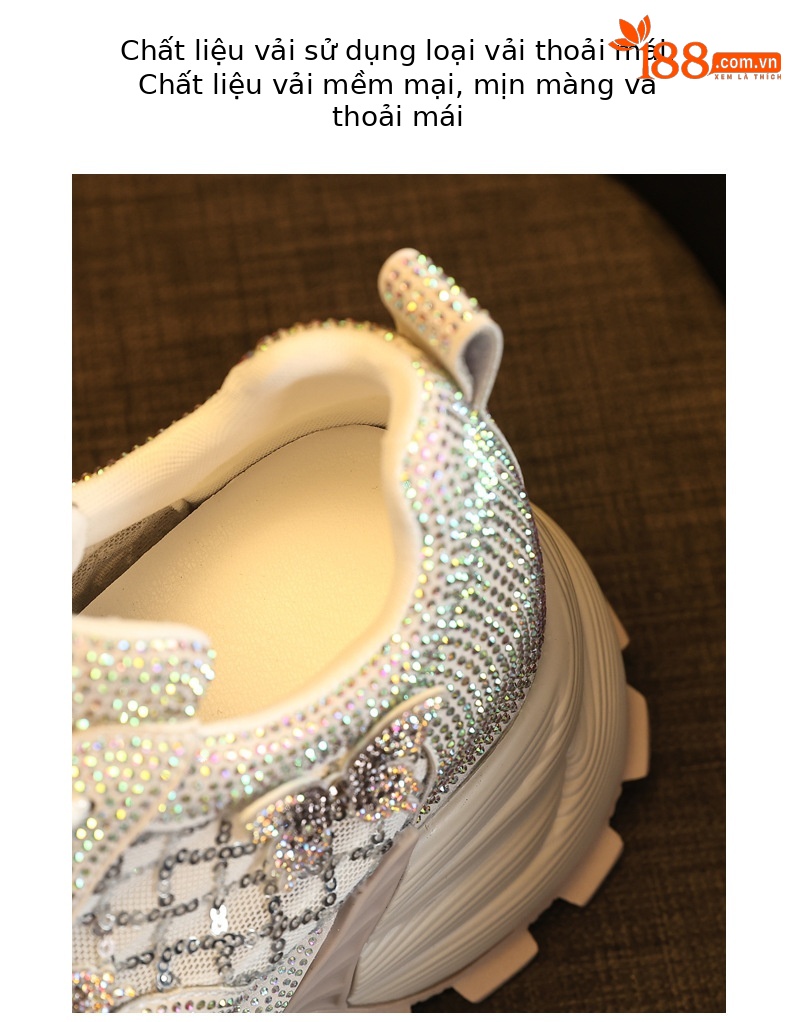 Giày sneaker nữ chunky đế dày đính đá pha lê thời trang — màu be chi tiết 8