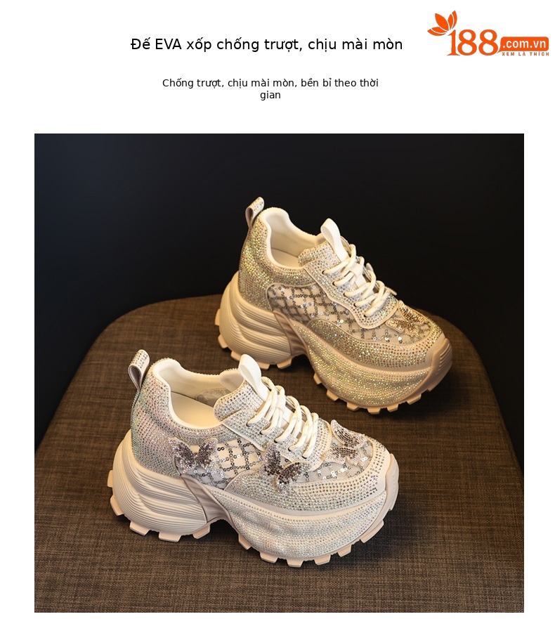 Giày sneaker nữ chunky đế dày đính đá pha lê thời trang — màu be chi tiết 10