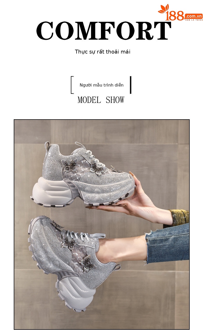 Giày sneaker nữ chunky đế dày đính đá pha lê thời trang — màu be chi tiết 11