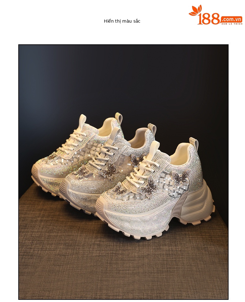 Giày sneaker nữ chunky đế dày đính đá pha lê thời trang — màu be chi tiết 18