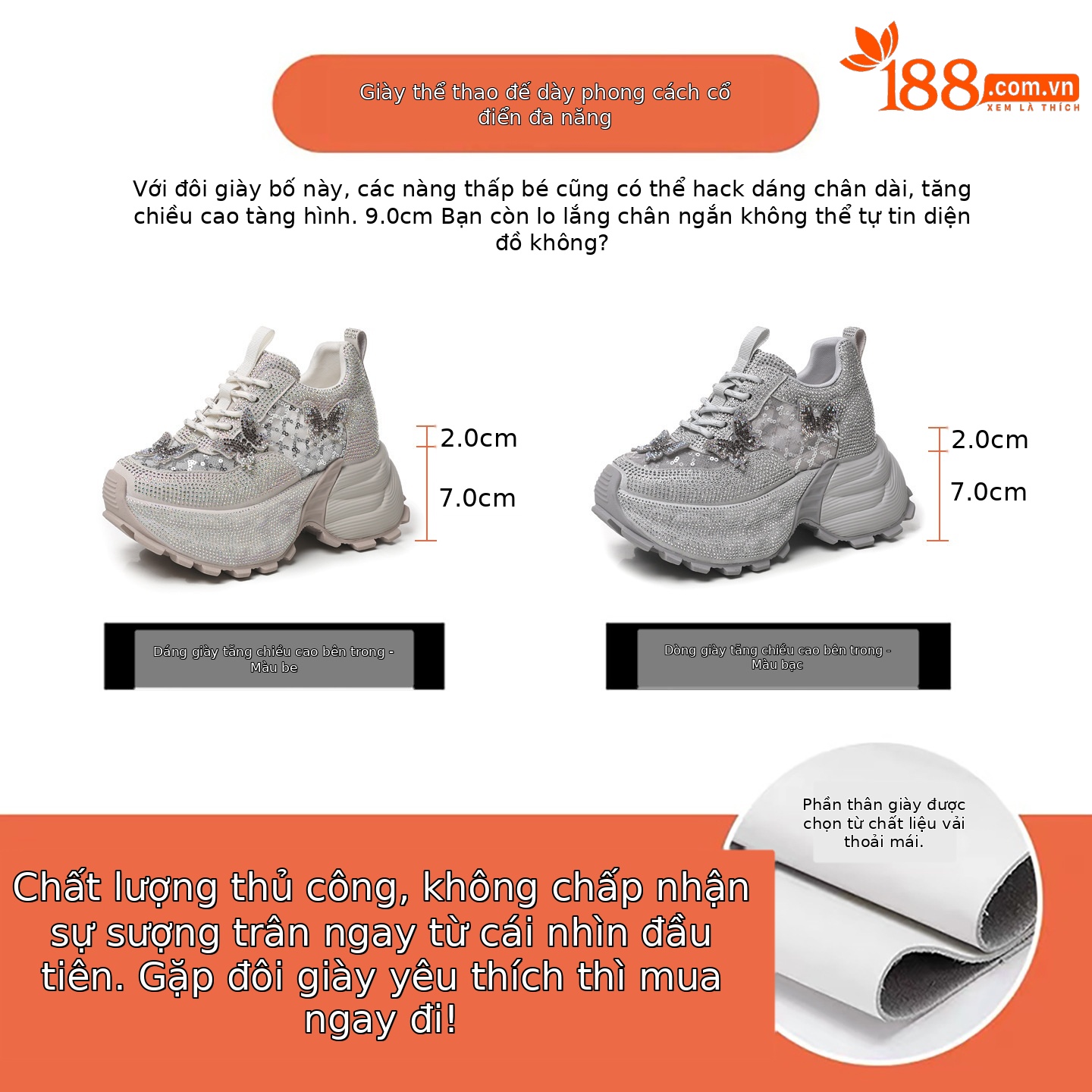 Giày sneaker nữ chunky đế dày đính đá pha lê thời trang — màu be