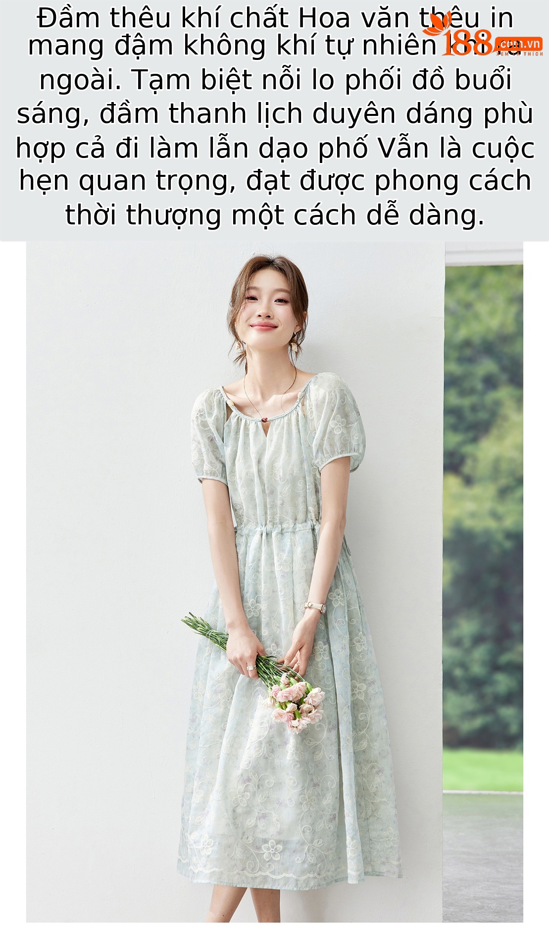 Đầm maxi nữ thêu hoa tay ngắn quá gối mùa hè 2026 — màu xanh nhạt chi tiết 2