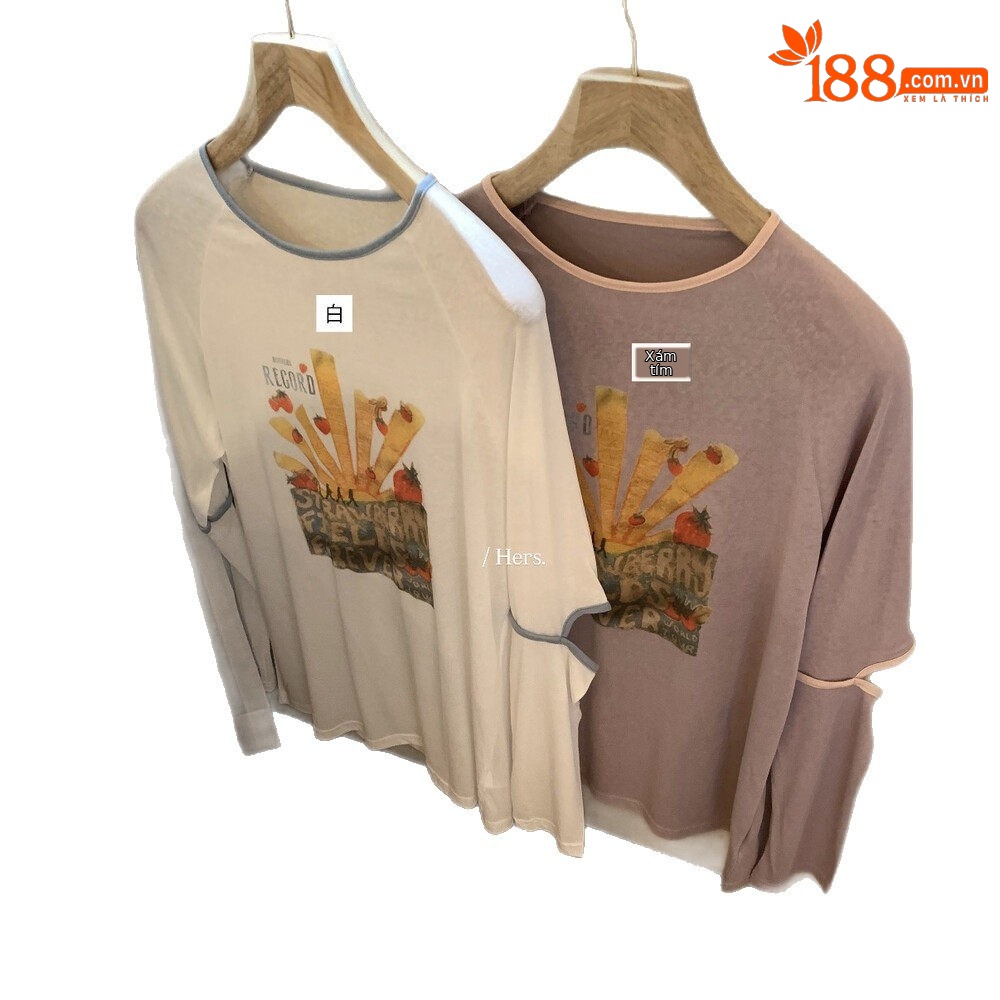 Áo thun nữ tay dài in họa tiết hoạt hình, chất liệu mỏng nhẹ, form rộng thoải mái — Xám tím, màu trắng