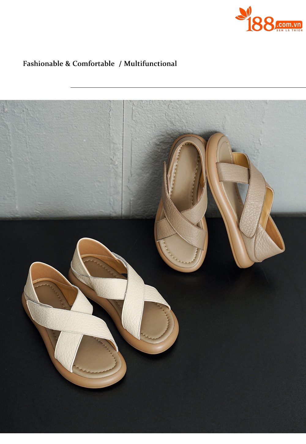 Sandal nữ hở mũi đế dày da cừu phong cách đơn giản, quai dán tiện lợi — màu be chi tiết 17