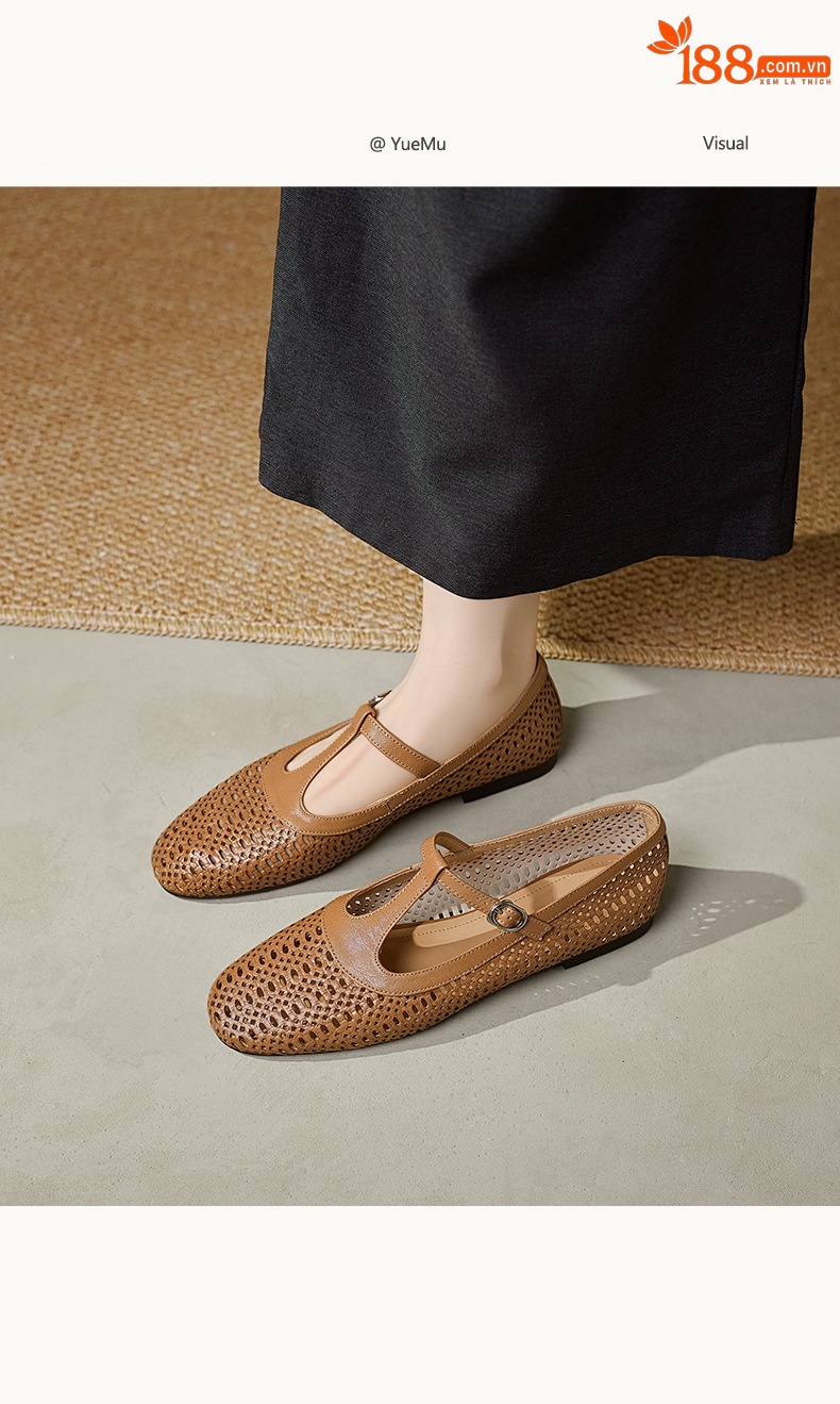 Sandal nữ da cừu đế bệt quai chữ T mũi kín hở lỗ thoáng khí — Màu caramel chi tiết 2