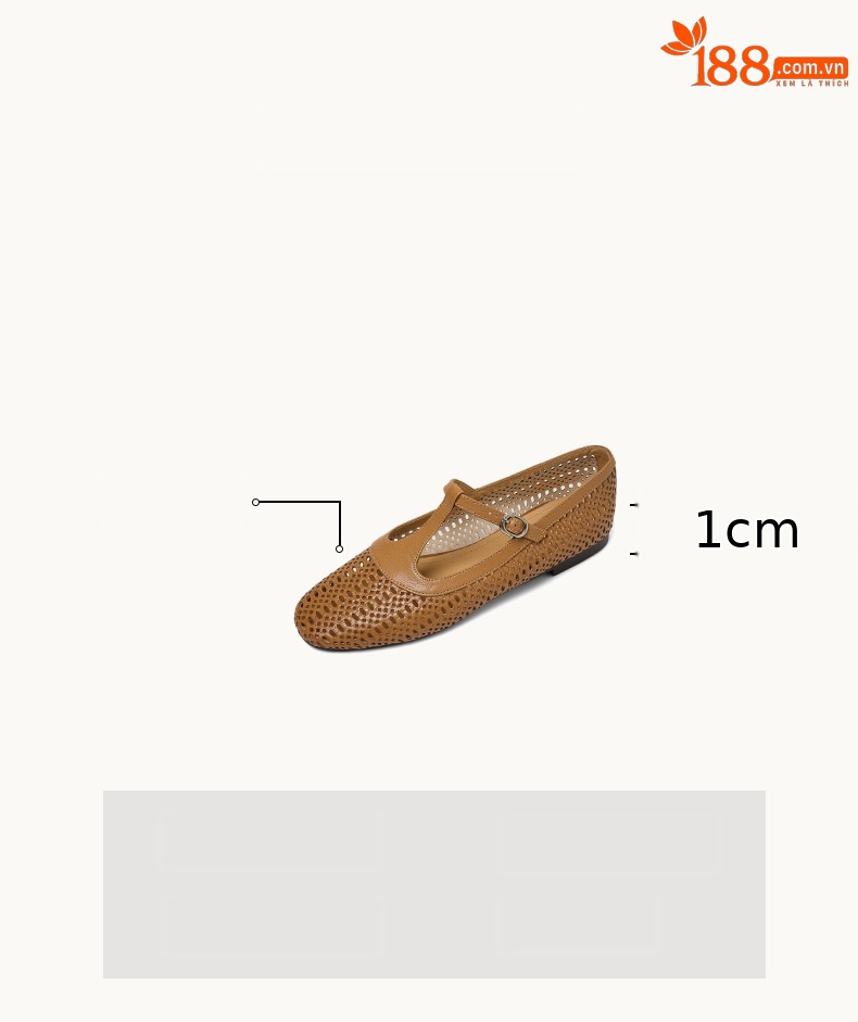 Sandal nữ da cừu đế bệt quai chữ T mũi kín hở lỗ thoáng khí — Màu caramel chi tiết 4