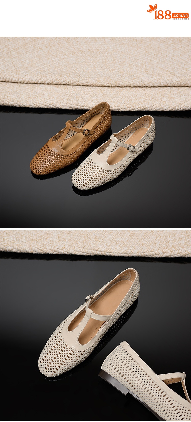Sandal nữ da cừu đế bệt quai chữ T mũi kín hở lỗ thoáng khí — Màu caramel chi tiết 12