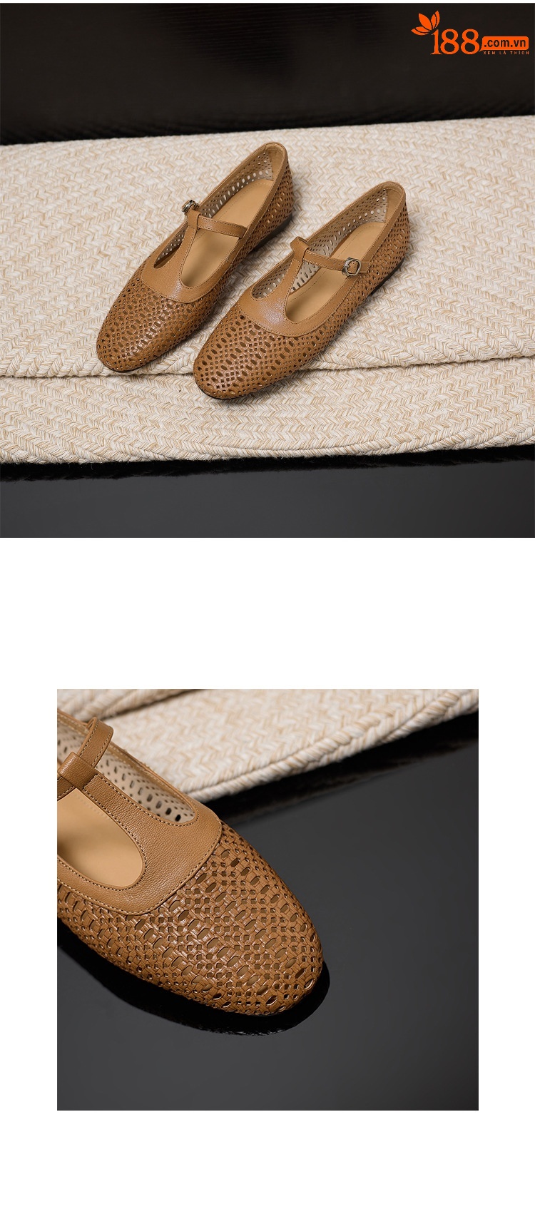 Sandal nữ da cừu đế bệt quai chữ T mũi kín hở lỗ thoáng khí — Màu caramel chi tiết 14