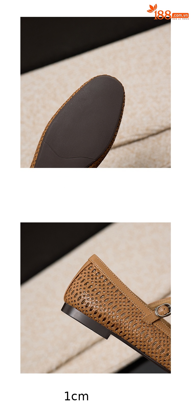Sandal nữ da cừu đế bệt quai chữ T mũi kín hở lỗ thoáng khí — Màu caramel chi tiết 15