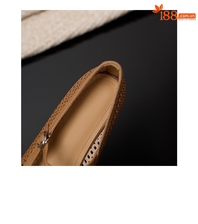 Sandal nữ da cừu đế bệt quai chữ T mũi kín hở lỗ thoáng khí — Màu caramel chi tiết 16